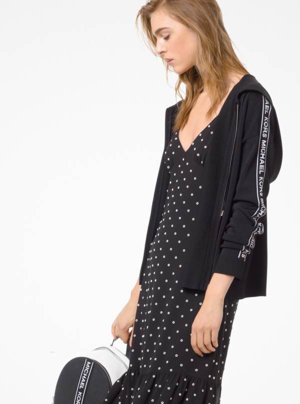 Damske Mikiny S Kapucňou Michael Kors Logo Tape Stretch-Viscose Zip-Up Čierne Biele - Oblecenie Michael Kors Akcia | FEWLA-4897